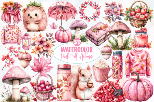 Watercolor Pink Fall Autumn Clipart Bundle 39 PNG