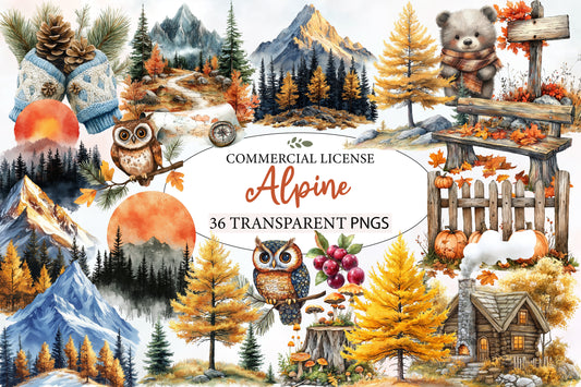 Watercolor Alpine Autumn Clipart PNG Bundle | Mountain Fall Landscape, Cozy Cabin, Pine Trees, Deer & Autumn Forest PNG