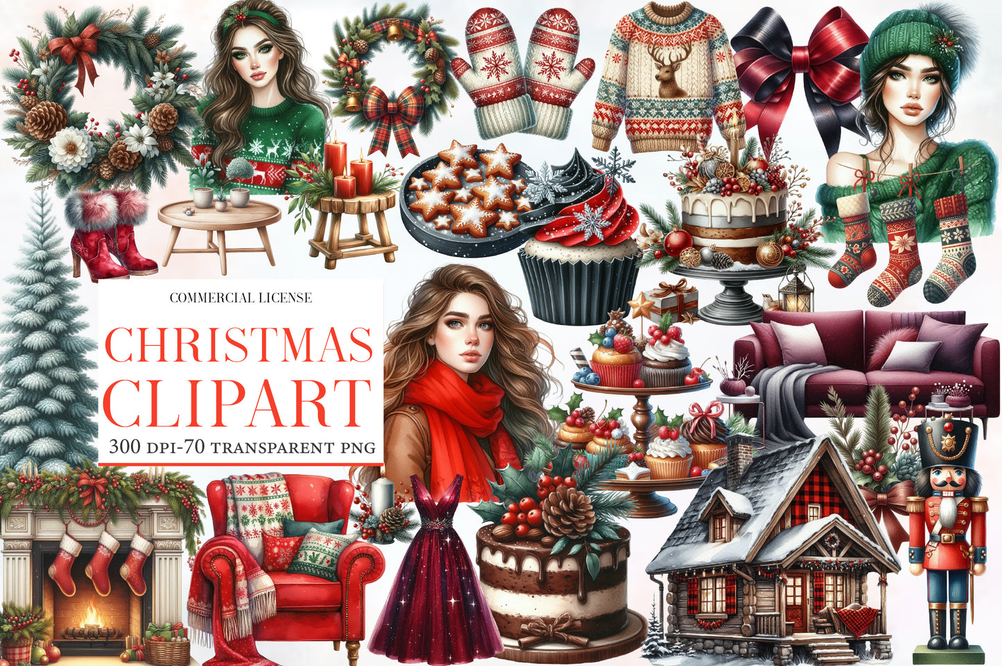Christmas Clipart PNG Bundle | Winter Holiday Watercolor Graphics | Christmas Sublimation