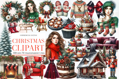 Christmas Clipart PNG Bundle | Winter Holiday Watercolor Graphics | Christmas Sublimation