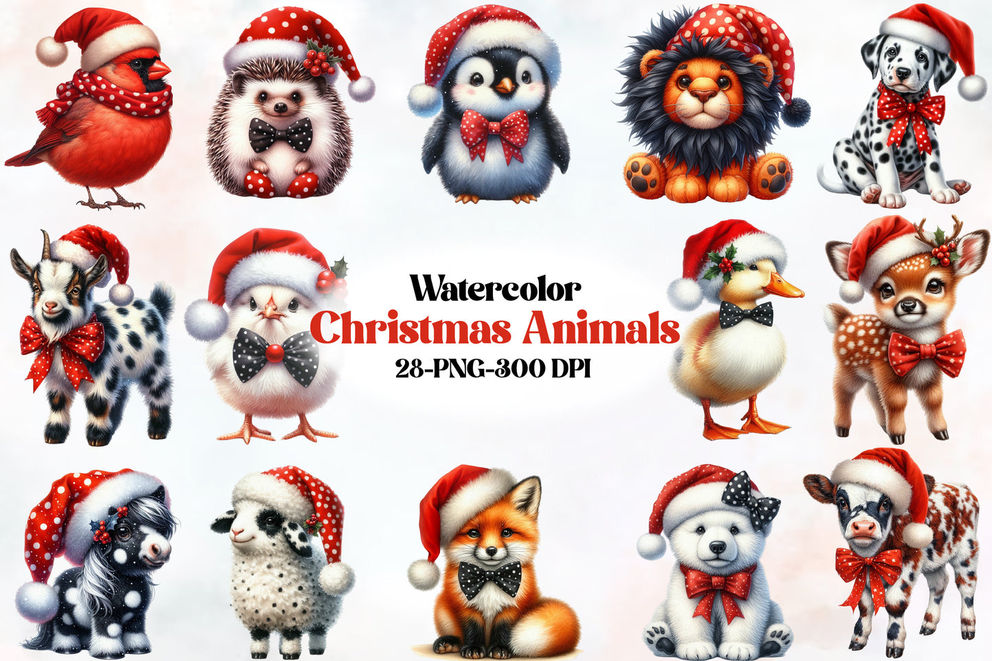 Christmas Animals PNG Clipart Bundle | Watercolor Cute Holiday Animals, Santa Hats, Bows & Festive Winter Designs