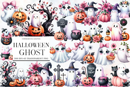 Halloween Ghost Clipart PNG | Cute Ghost Floral PNG, Pink Halloween Ghosts, Witch Ghost Clipart,