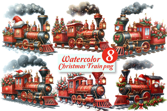 Christmas Train PNG Bundle | Watercolor Christmas Train, Vintage Holiday Train & Festive Locomotive Clipart
