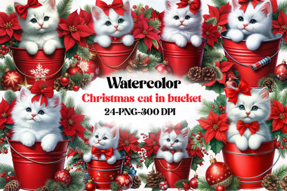 Watercolor Christmas Cat in Bucket PNG Bundle | Cute Christmas Cat Clipart | Poinsettia & Holiday Cat Sublimation