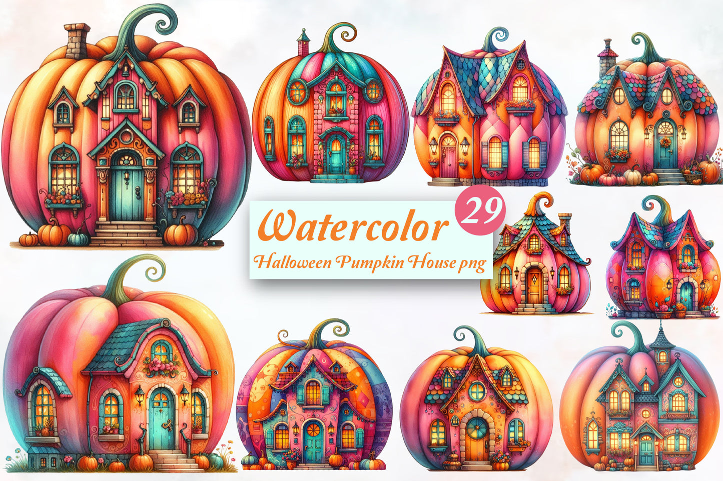 Watercolor Halloween Pumpkin House PNG Bundle 29 Magical Pumpkin House Clipart