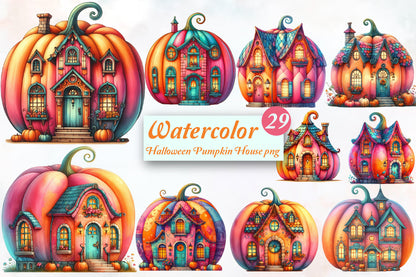 Watercolor Halloween Pumpkin House PNG Bundle 29 Magical Pumpkin House Clipart