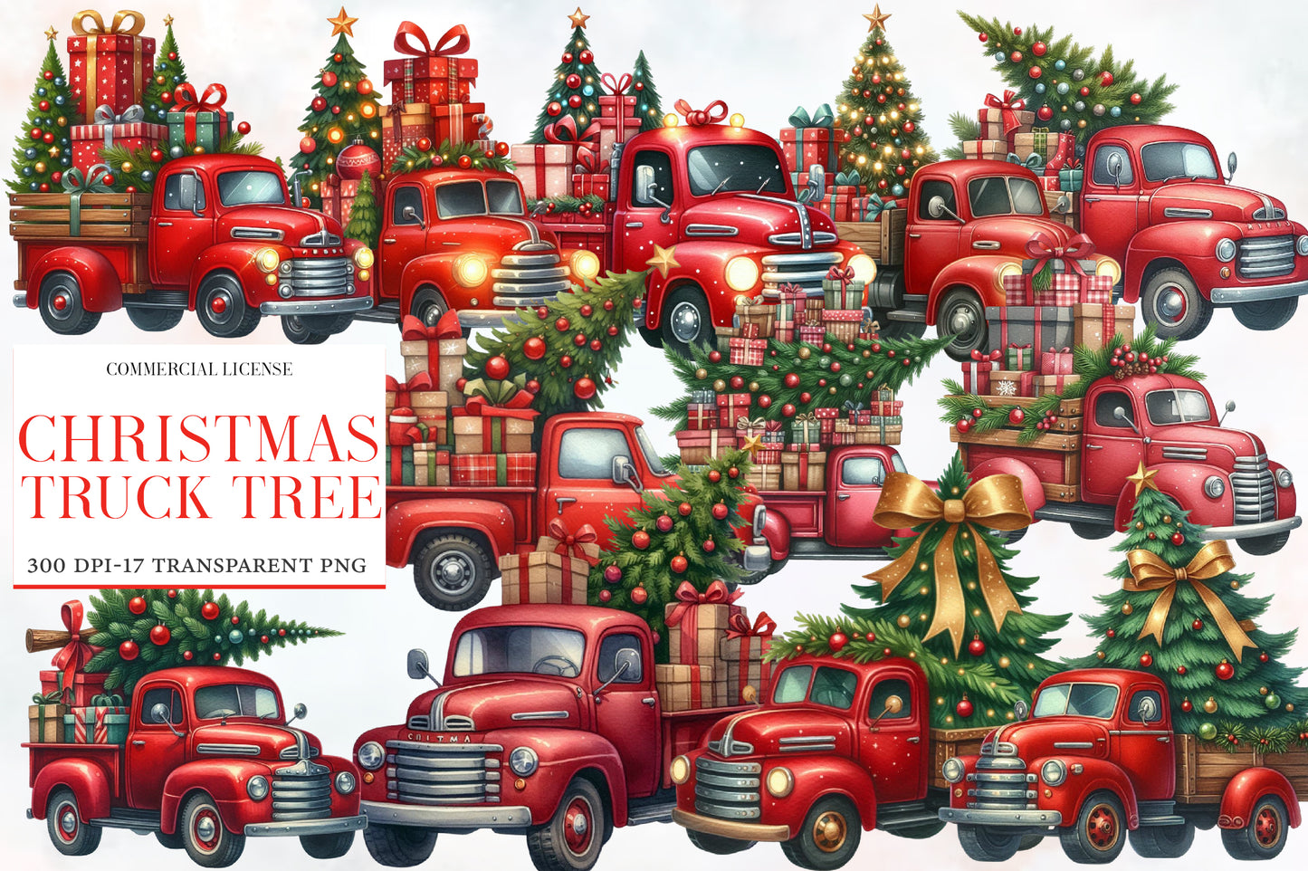 Christmas Truck Tree Clipart PNG Bundle | Watercolor Christmas Truck with Tree Clipart | Rustic Holiday Truck Sublimation PNG