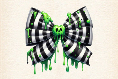 Halloween Slime Bow PNG Striped Gothic Coquette Skull Bow