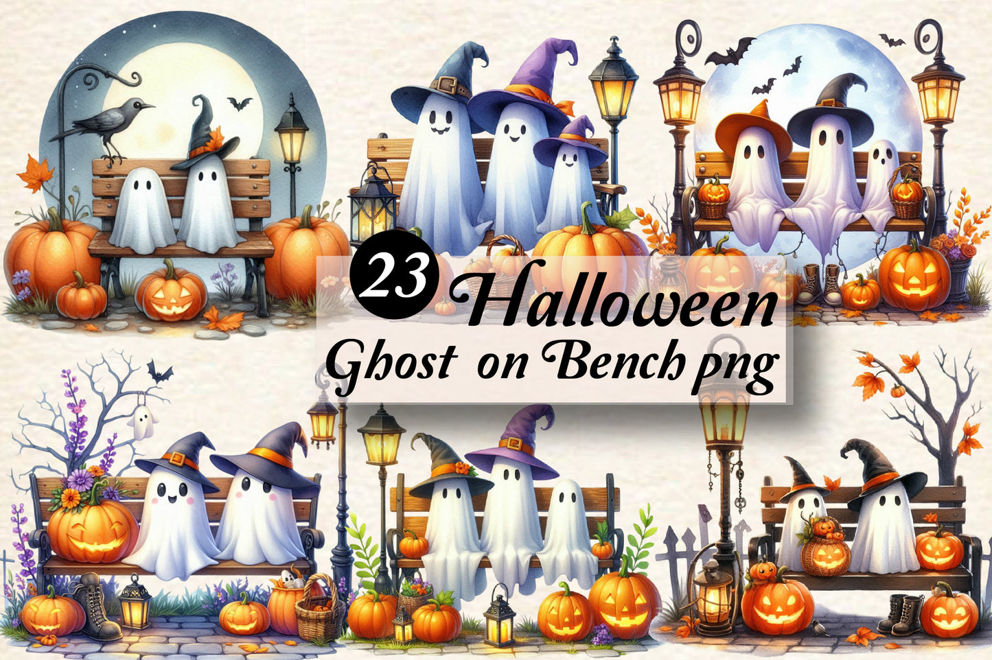 23 Halloween Ghost on Bench PNG Bundle Watercolor Spooky Autumn Clipart
