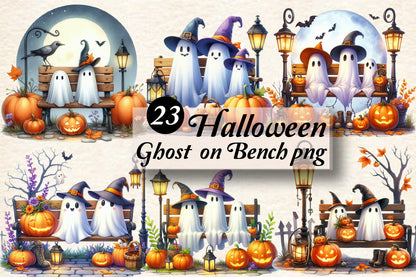 23 Halloween Ghost on Bench PNG Bundle Watercolor Spooky Autumn Clipart