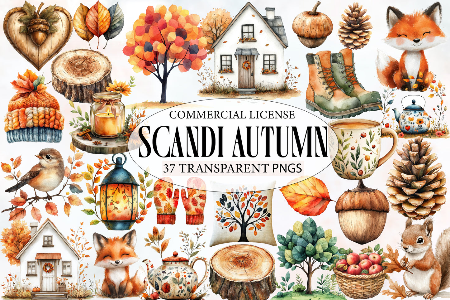 Scandi Autumn Watercolor Clipart PNG Bundle | Scandinavian Fall Clipart | Cozy Autumn Sublimation PNG