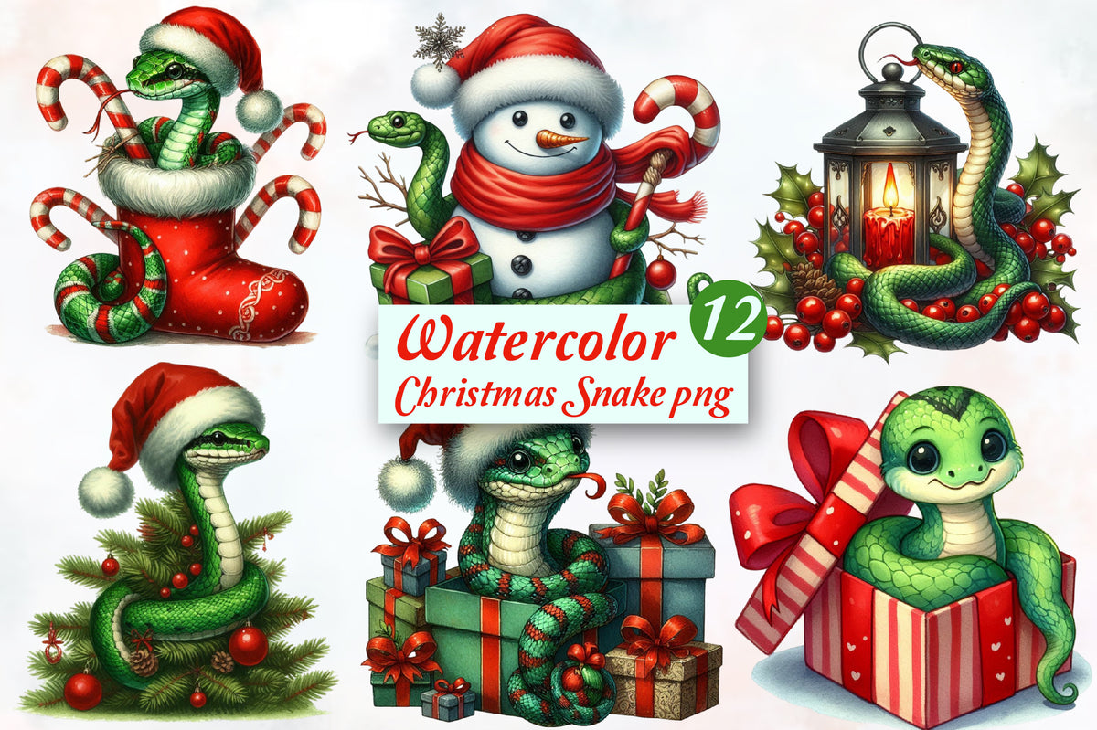 12 Christmas Snake PNG Sublimation Bundle Watercolor Cute Holiday Reptile Clipart