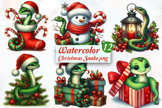 12 Christmas Snake PNG Sublimation Bundle Watercolor Cute Holiday Reptile Clipart