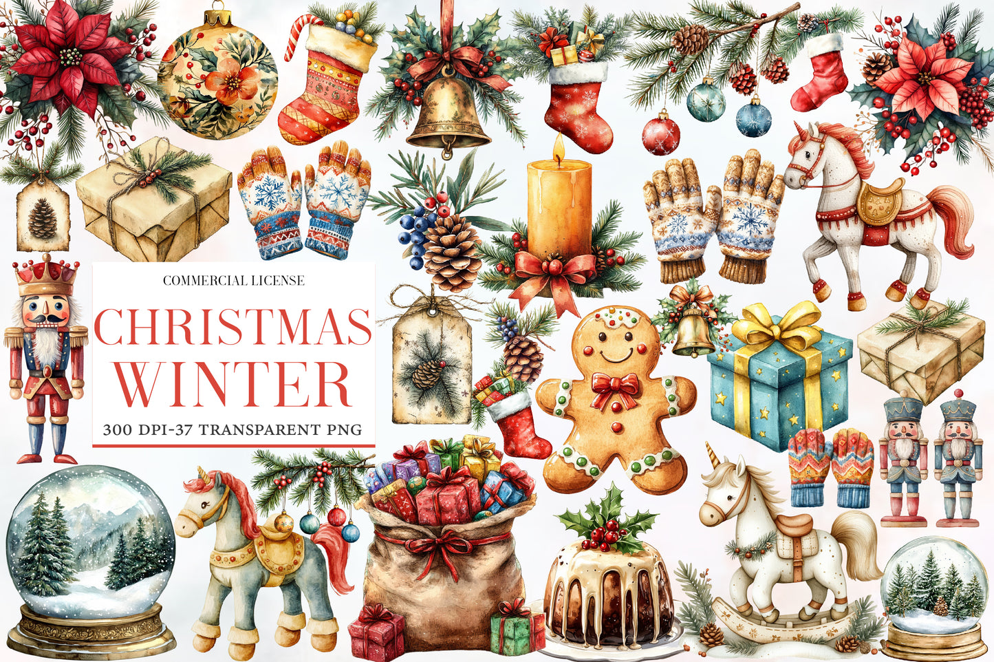 Christmas Winter Watercolor Clipart PNG Bundle | Cozy Winter Christmas Watercolor Clipart | Festive Holiday Sublimation PNG
