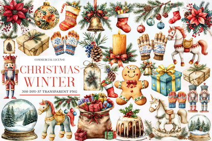 Christmas Winter Watercolor Clipart PNG Bundle | Cozy Winter Christmas Watercolor Clipart | Festive Holiday Sublimation PNG