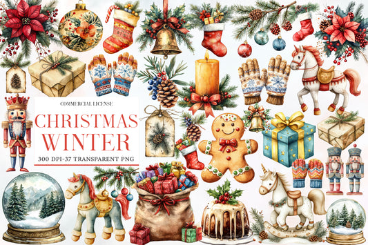 Christmas Winter Watercolor Clipart PNG Bundle | Cozy Winter Christmas Watercolor Clipart | Festive Holiday Sublimation PNG