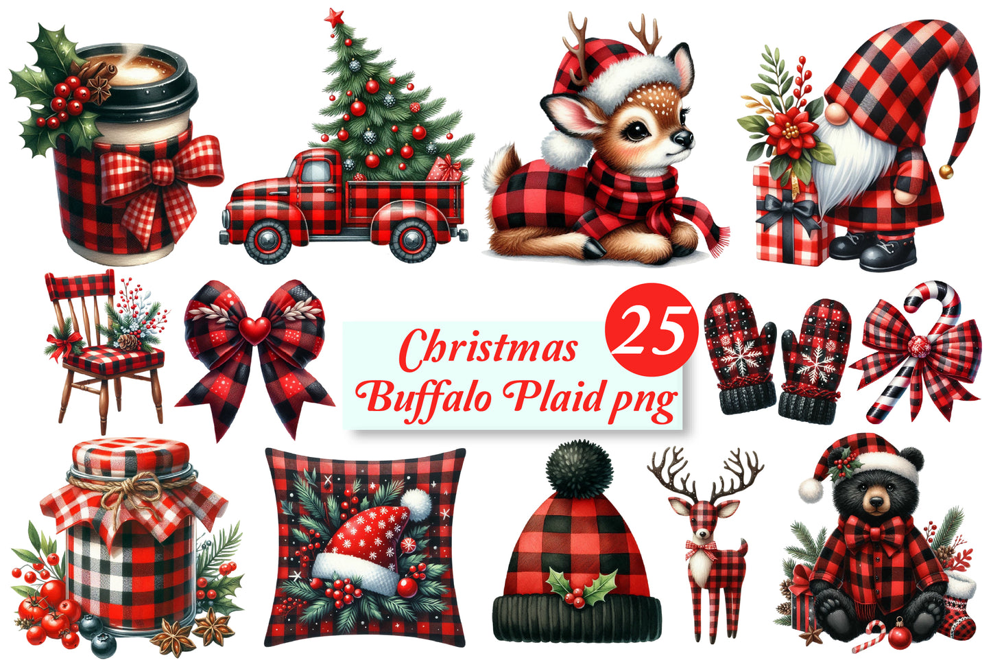 Christmas Buffalo Plaid PNG Bundle | Watercolor Red Black Check Christmas Clipart, Rustic Farmhouse Holiday PNG