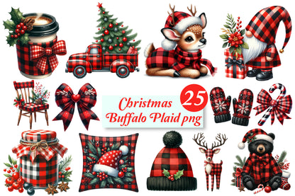 Christmas Buffalo Plaid PNG Bundle | Watercolor Red Black Check Christmas Clipart, Rustic Farmhouse Holiday PNG