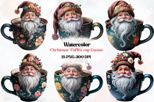 Christmas Coffee Cup Gnome PNG Clipart Bundle | Watercolor Santa Gnome Coffee Mug Designs, Floral Holiday Gnomes