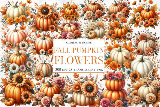 Fall Pumpkin Flowers PNG Bundle | Floral Pumpkin Clipart, Sunflower Pumpkin PNG,