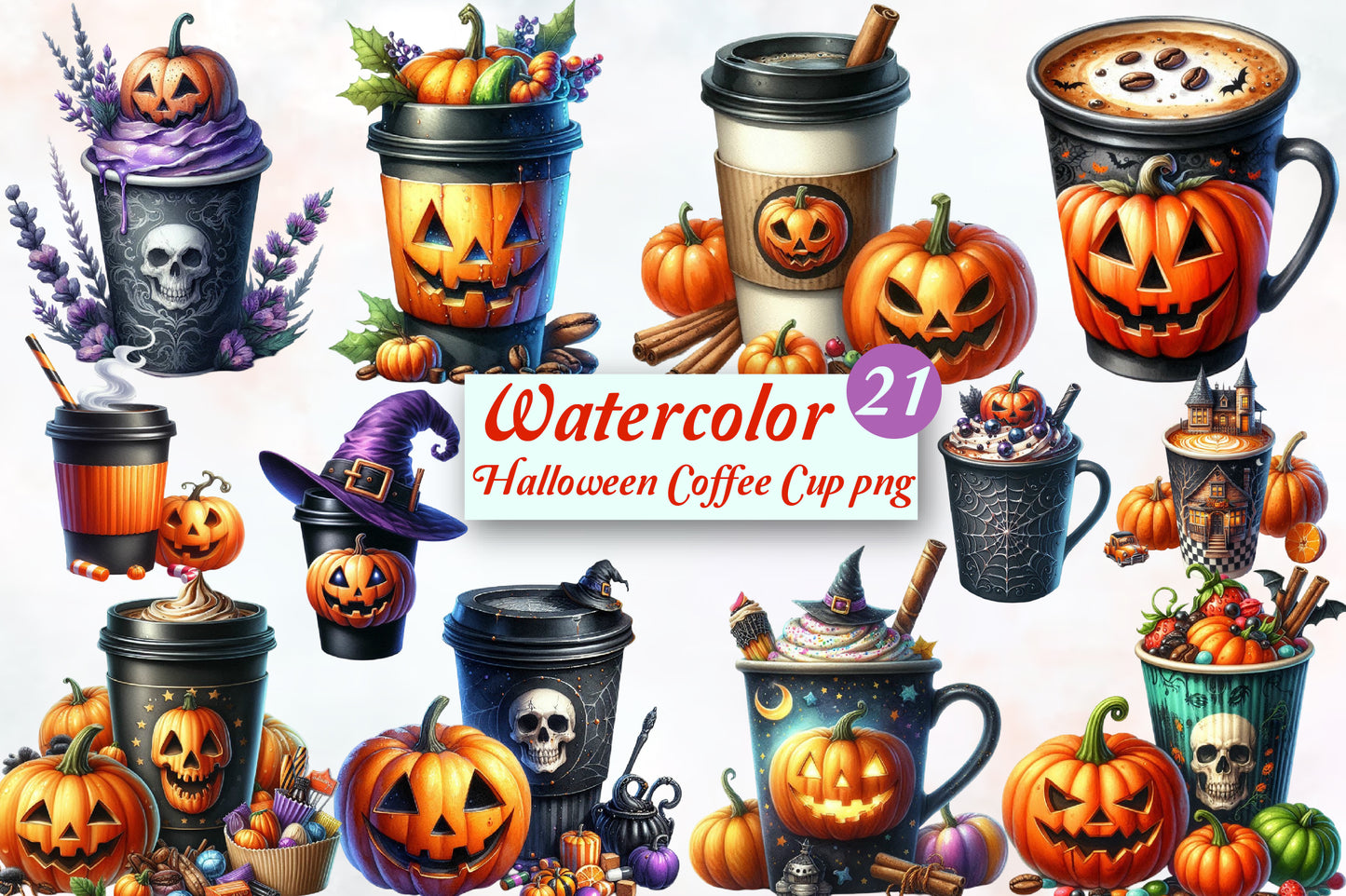 Halloween Coffee Cup PNG Bundle Spooky Pumpkin Coffee Clipart