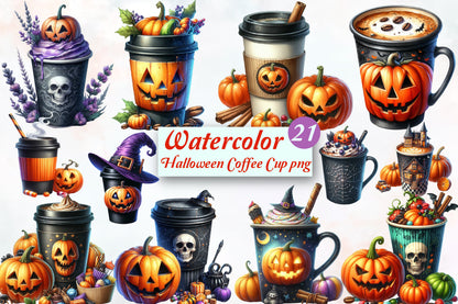 Halloween Coffee Cup PNG Bundle Spooky Pumpkin Coffee Clipart