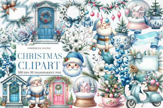 Christmas Clipart Watercolor PNG Bundle | Blue Christmas Clipart | Vintage Holiday Sublimation