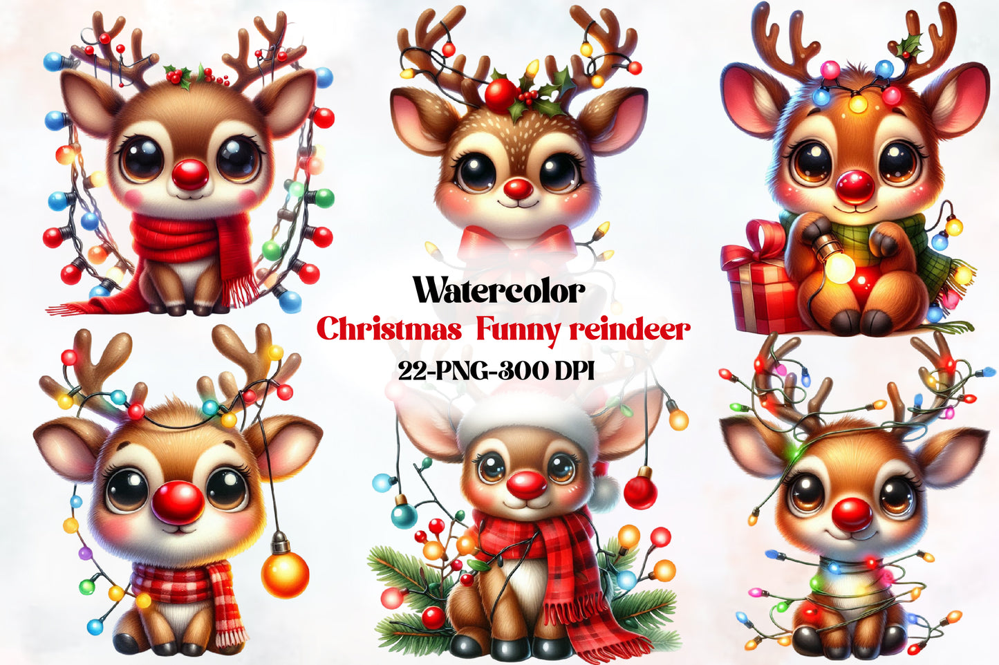 Christmas Funny Reindeer PNG Clipart Bundle | Watercolor Cute Reindeer, Christmas Lights, Red Nose & Holiday Deer Designs