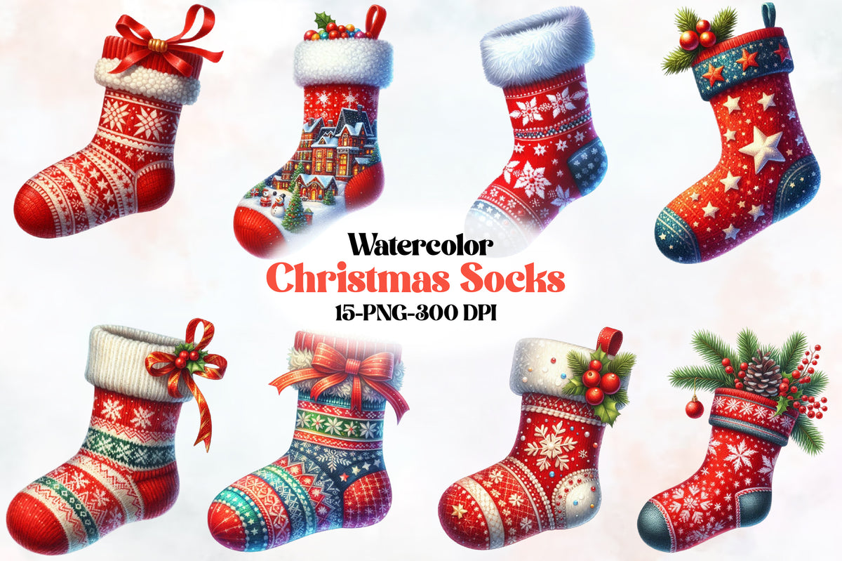 Christmas Socks PNG Bundle | 15 Watercolor Holiday Stocking Designs