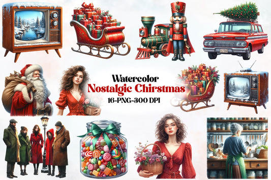 Watercolor Nostalgic Christmas PNG Bundle 16 Vintage Christmas Clipart