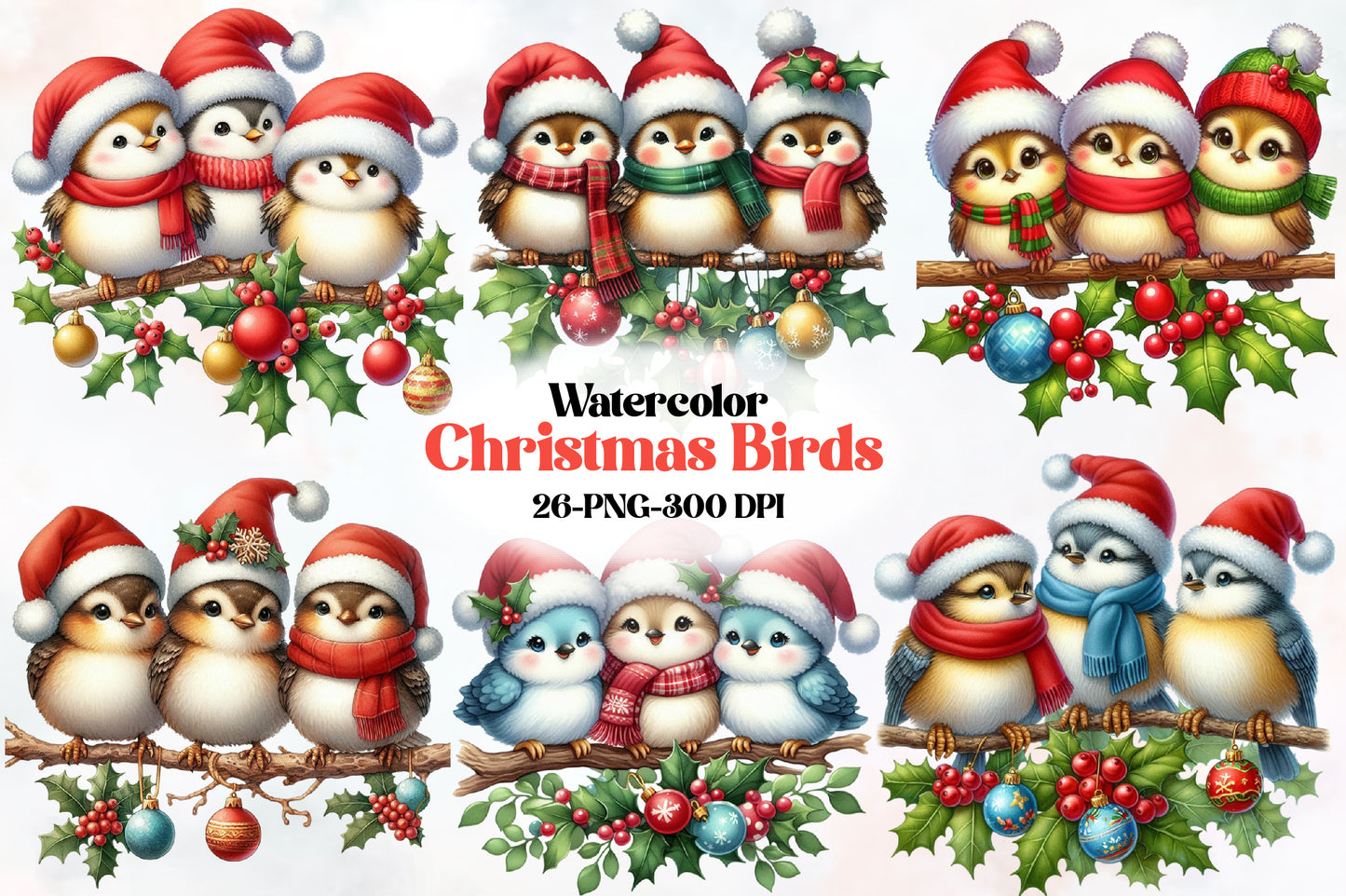 Christmas Birds Clipart PNG Bundle | Cute Watercolor Christmas Bird, Santa Hat Bird, Winter Bird & Holly Berry Designs