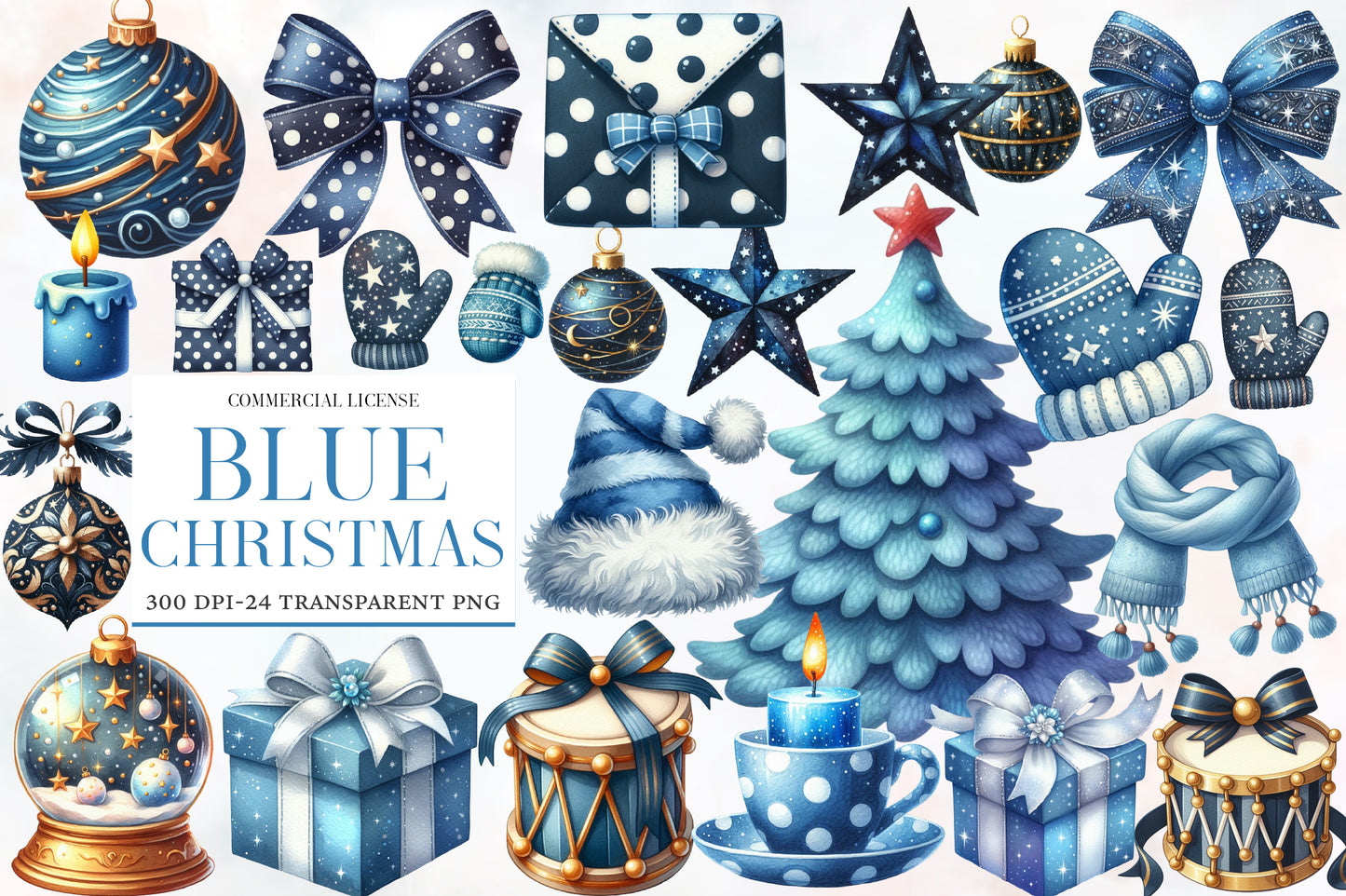 Blue Christmas Clipart PNG Bundle | Watercolor Winter Holiday Clipart | Elegant Icy Blue Christmas PNG