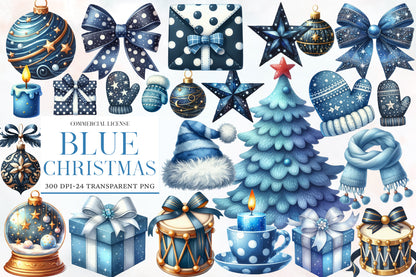 Blue Christmas Clipart PNG Bundle | Watercolor Winter Holiday Clipart | Elegant Icy Blue Christmas PNG