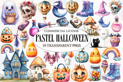 Pastel Halloween Clipart PNG Bundle | Cute Ghost, Pumpkin, Bat & Witch Clipart