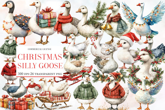 Christmas Silly Goose PNG Clipart Bundle | Cute Funny Christmas Goose Clipart | Watercolor Holiday Goose Sublimation PNG