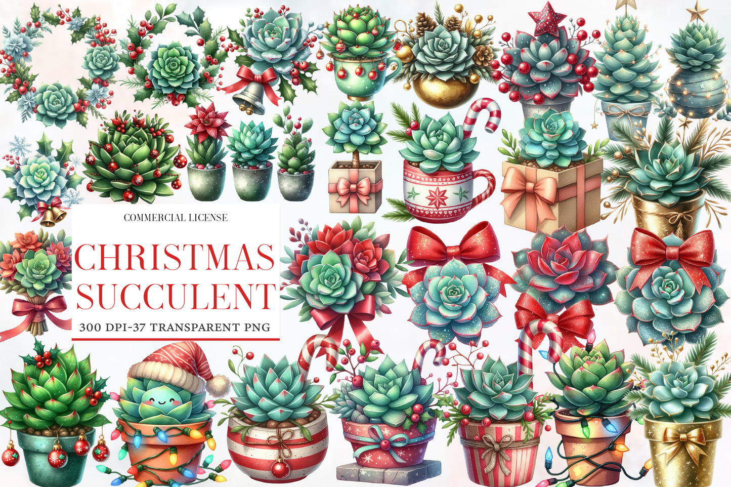 Christmas Succulent Clipart PNG Bundle | Watercolor Festive Succulent Clipart | Holiday Botanical Christmas PNG
