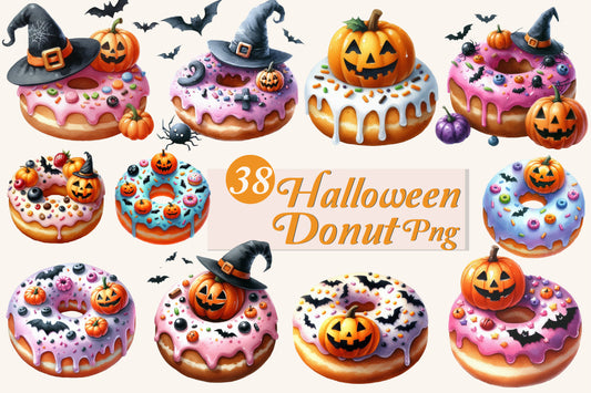 38 Halloween Donut PNG Bundle Watercolor Spooky Donuts Clipart