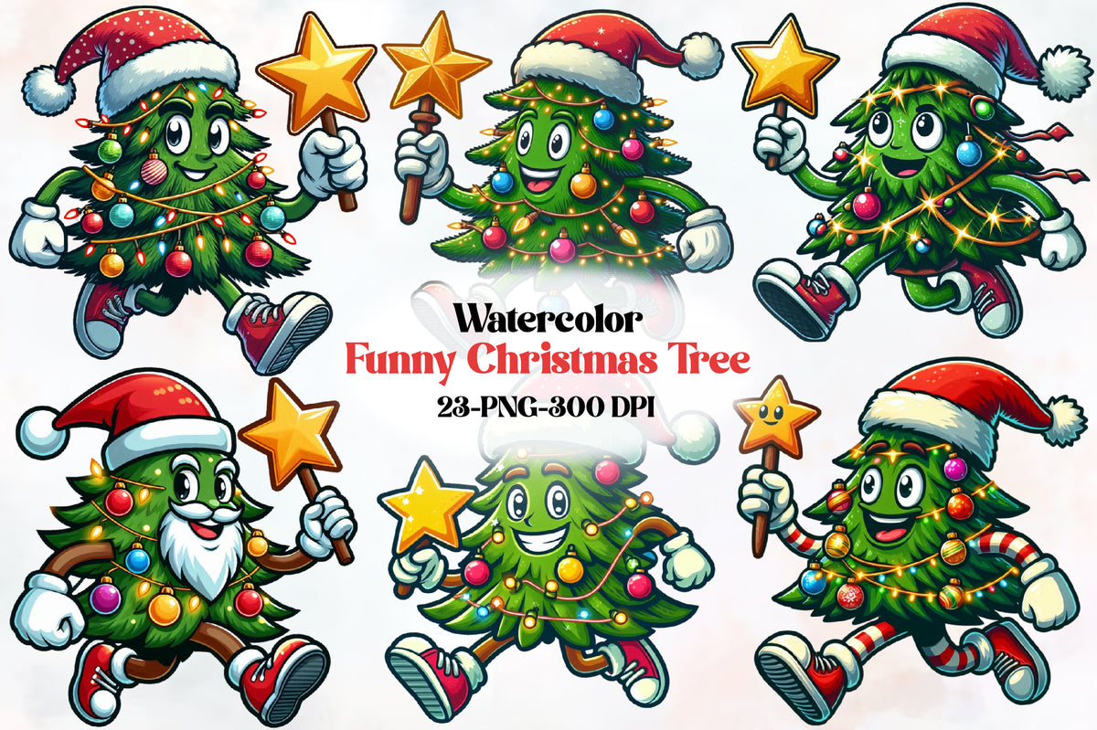 Funny Christmas Tree PNG Bundle Cute Cartoon Christmas Tree Clipart