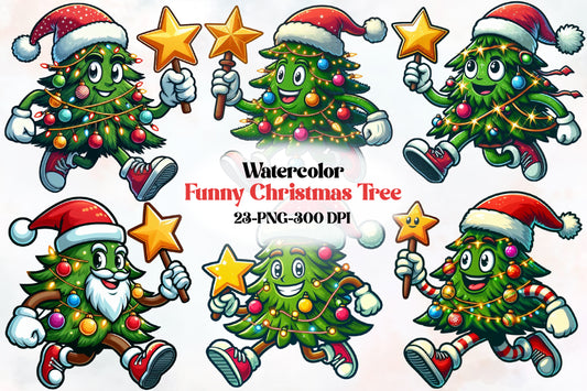 Funny Christmas Tree PNG Bundle Cute Cartoon Christmas Tree Clipart