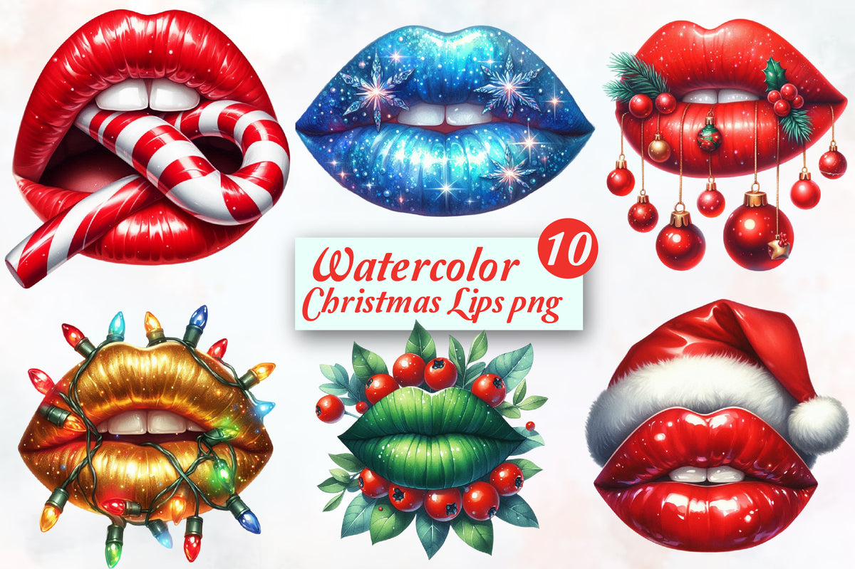 10 Christmas Lips PNG Watercolor Clipart Bundle Festive Holiday Lips