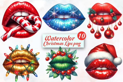 10 Christmas Lips PNG Watercolor Clipart Bundle Festive Holiday Lips