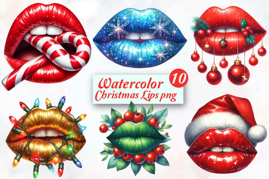 10 Christmas Lips PNG Watercolor Clipart Bundle Festive Holiday Lips