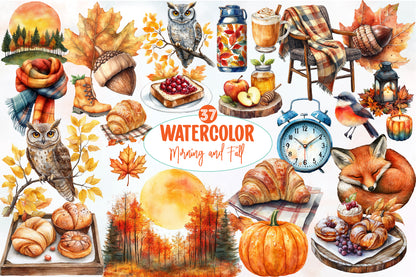 Watercolor Morning & Fall Clipart Bundle 37 PNG