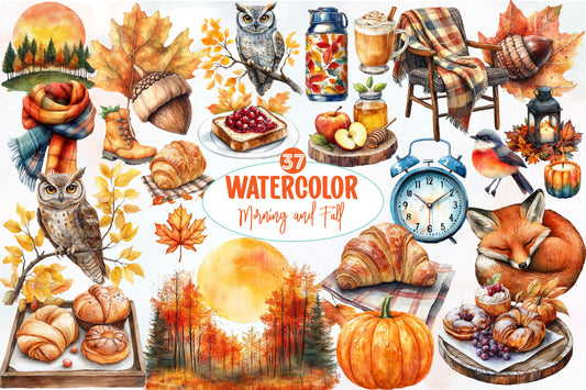 Watercolor Morning & Fall Clipart Bundle 37 PNG