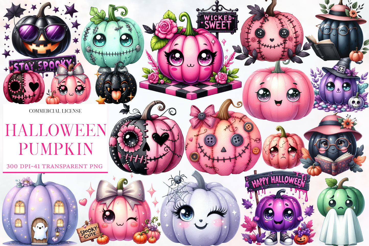 Halloween Pumpkin Clipart PNG Bundle | Cute Halloween Pumpkin Watercolor Clipart | Kawaii Pumpkin Sublimation PNG