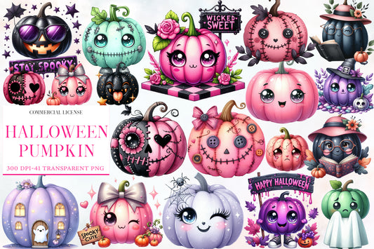 Halloween Pumpkin Clipart PNG Bundle | Cute Halloween Pumpkin Watercolor Clipart | Kawaii Pumpkin Sublimation PNG