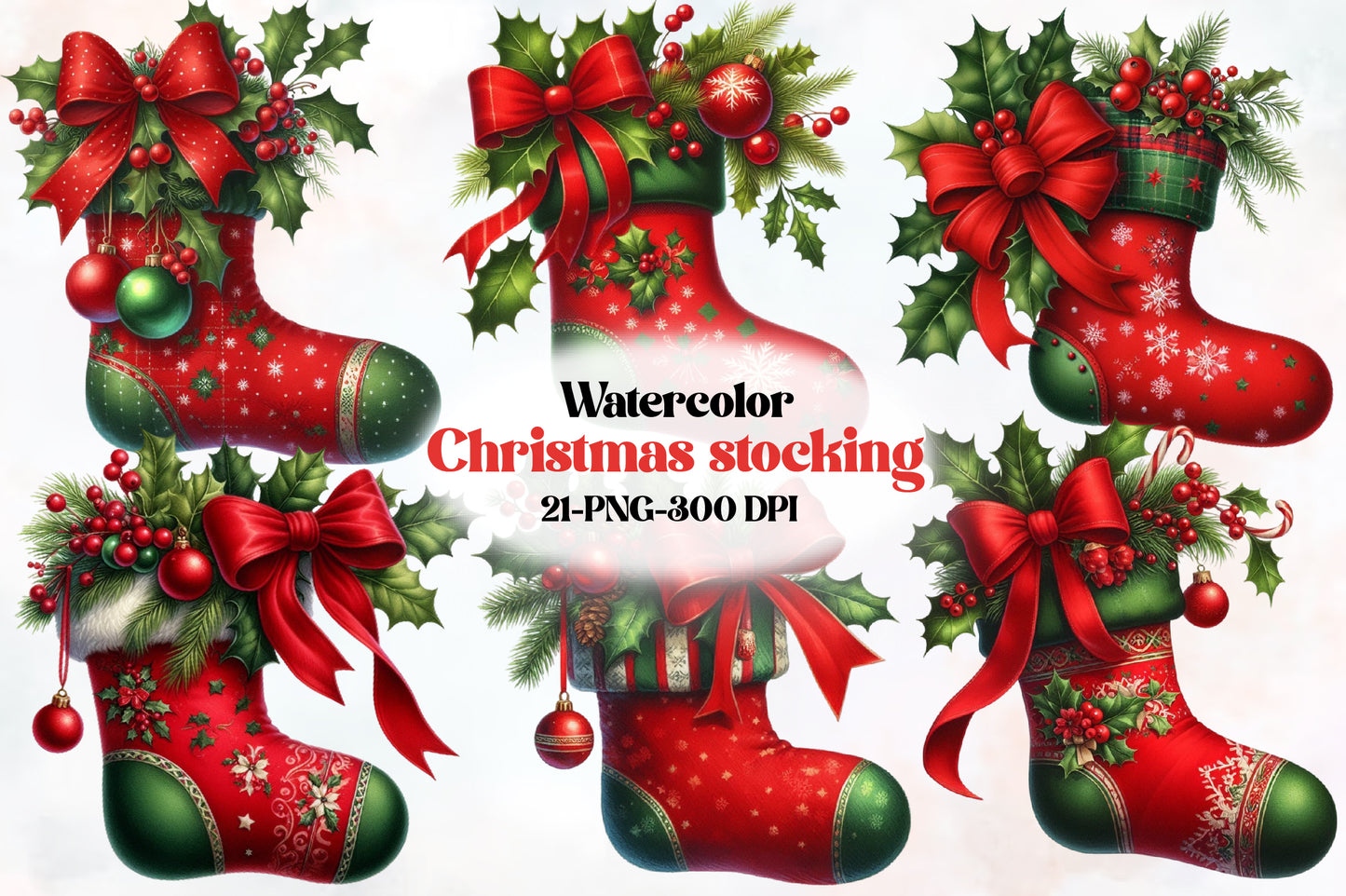 Watercolor Christmas Stocking Clipart PNG Bundle | Cute Holiday Stocking & Christmas Decor Designs