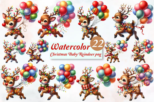 22 Christmas Baby Reindeer PNG Clipart Bundle Watercolor Balloon Cute Holiday