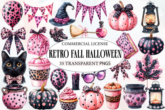 Retro Fall Halloween Watercolor Clipart PNG Bundle | Pink Leopard Halloween Clipart | Vintage Halloween Sublimation PNG