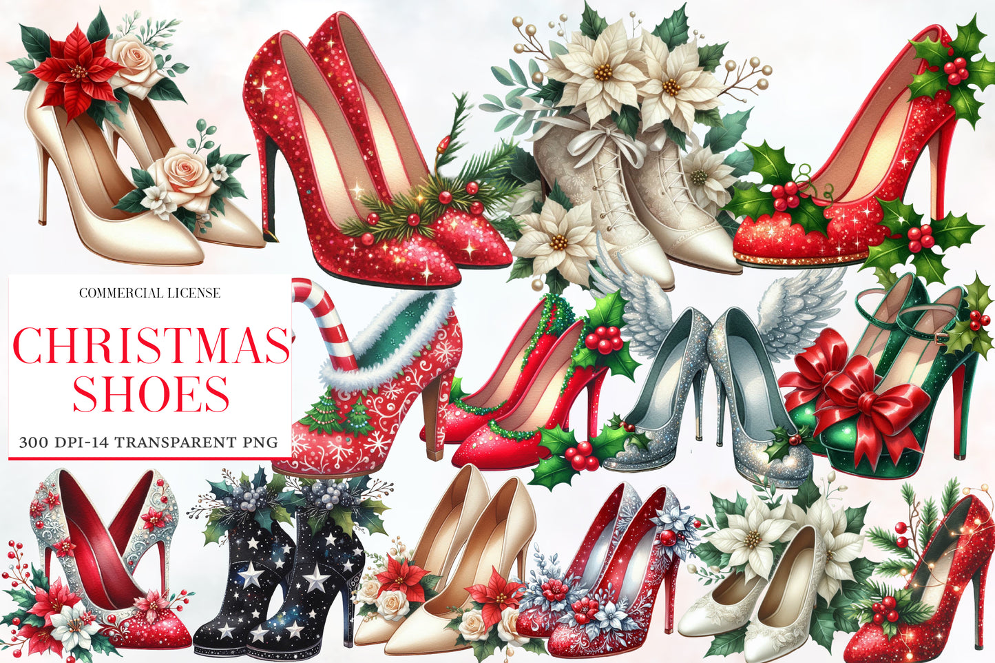Christmas Shoes Clipart Bundle PNG | Watercolor Festive Christmas Shoes Clipart | Holiday Footwear Sublimation PNG